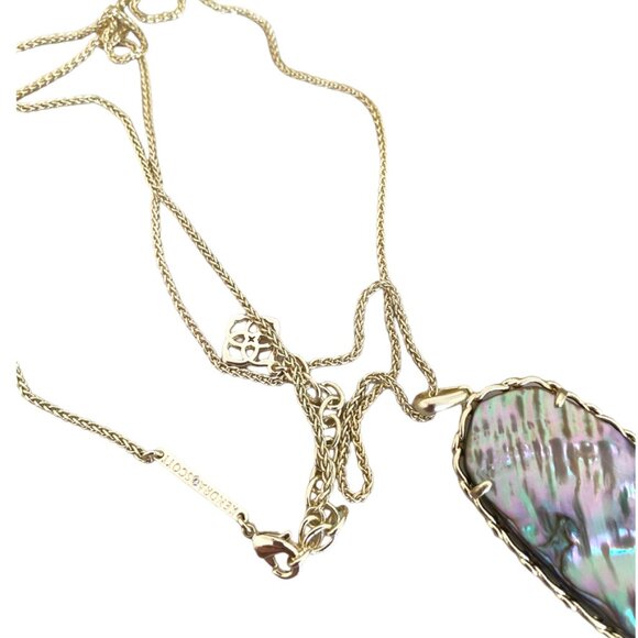 Authentic KENDRA SCOTT Gold Macrame Reid Long Necklace Abalone gold tone 15" - Picture 8 of 11